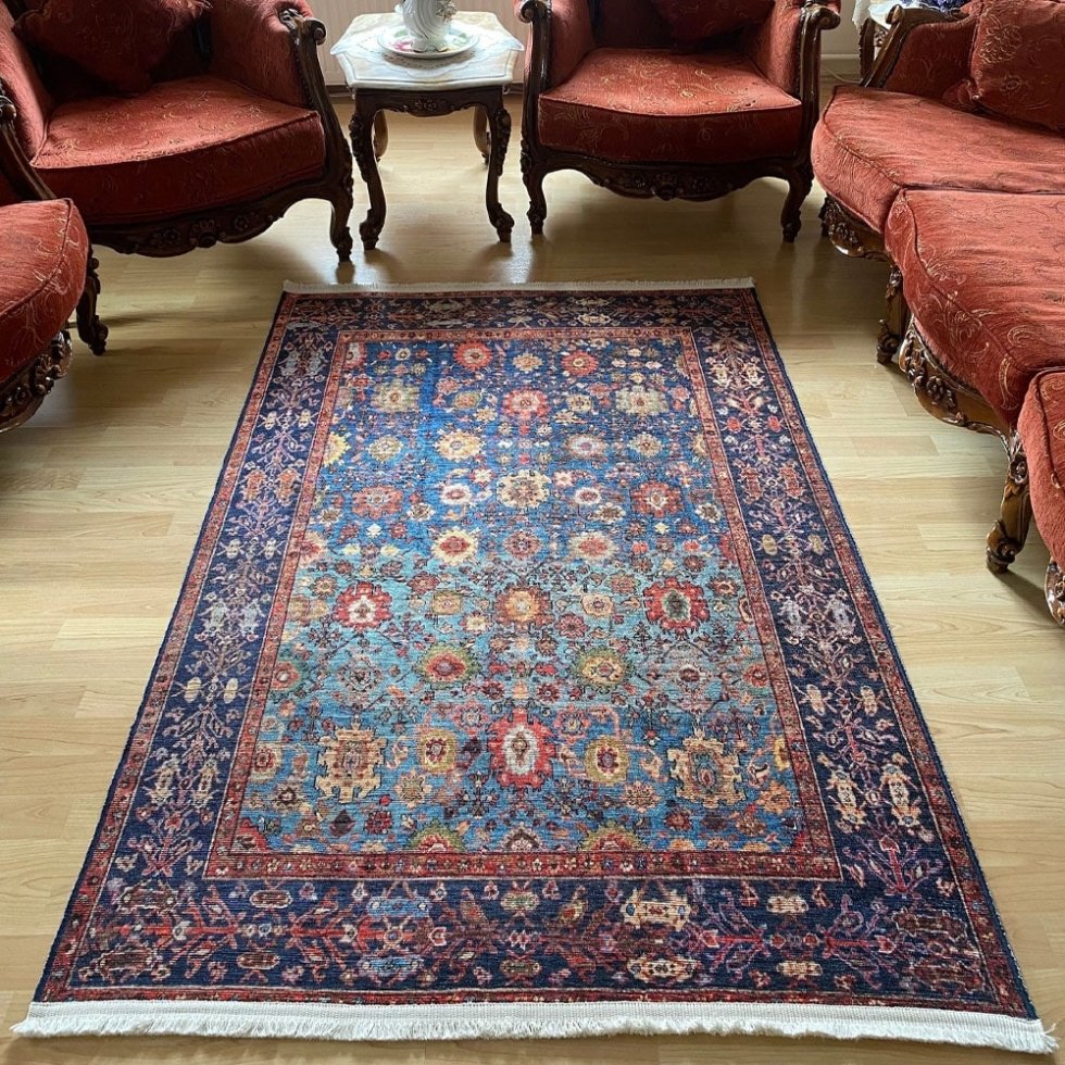 Niebieski orientalny dywan kilim do prania