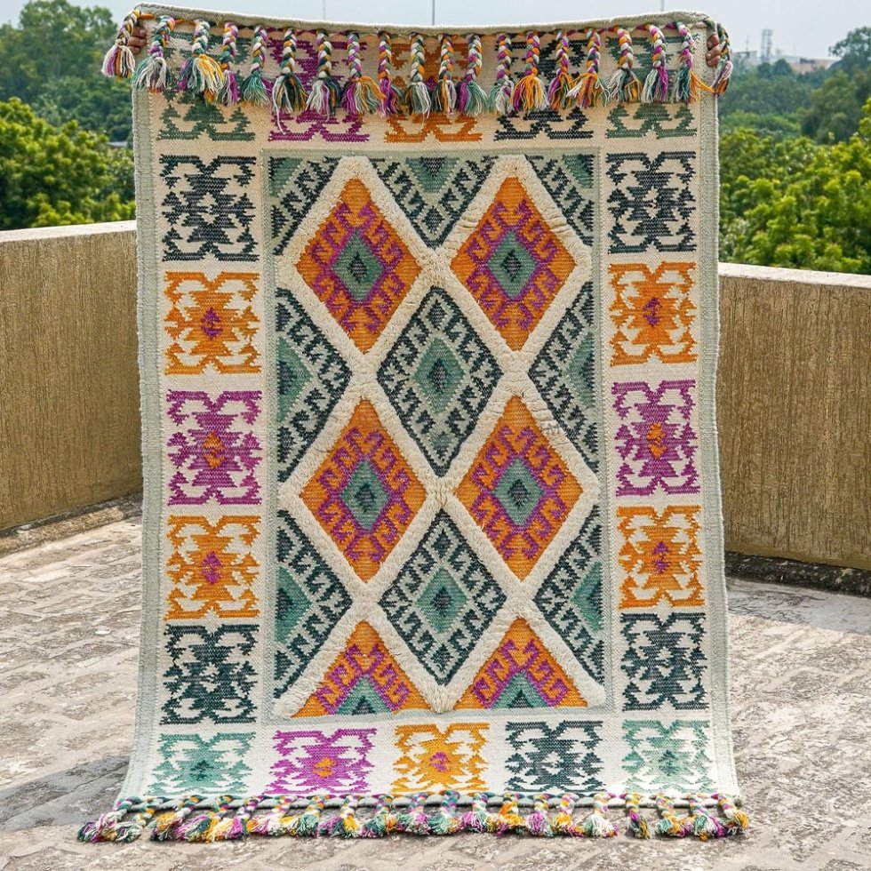 Zielony i żółty tradycyjny dywan kilim