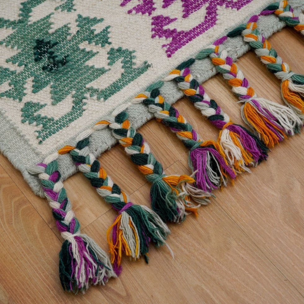 Zielony i żółty tradycyjny dywan kilim - obrazek 8