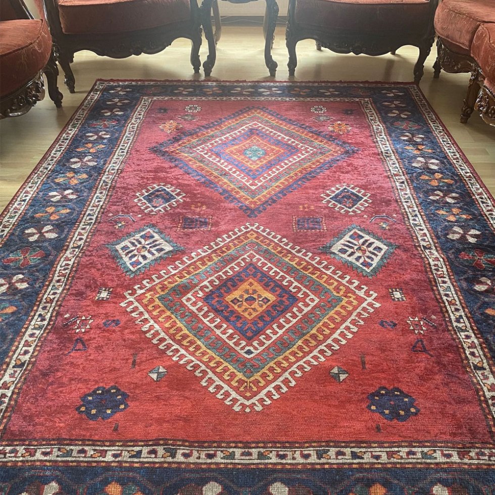 Czerwony dywan Aubusson w stylu kilim z możliwością prania