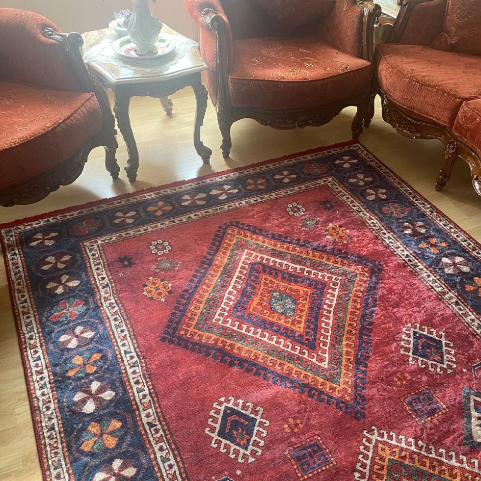 Czerwony dywan Aubusson w stylu kilim z możliwością prania
