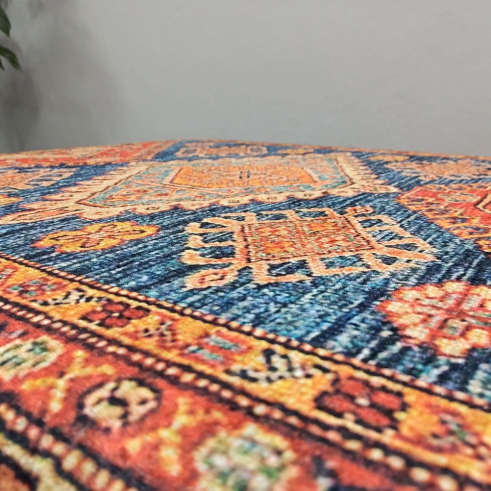 Niebiesko-beżowy turecki stolik kawowy kilim otomana